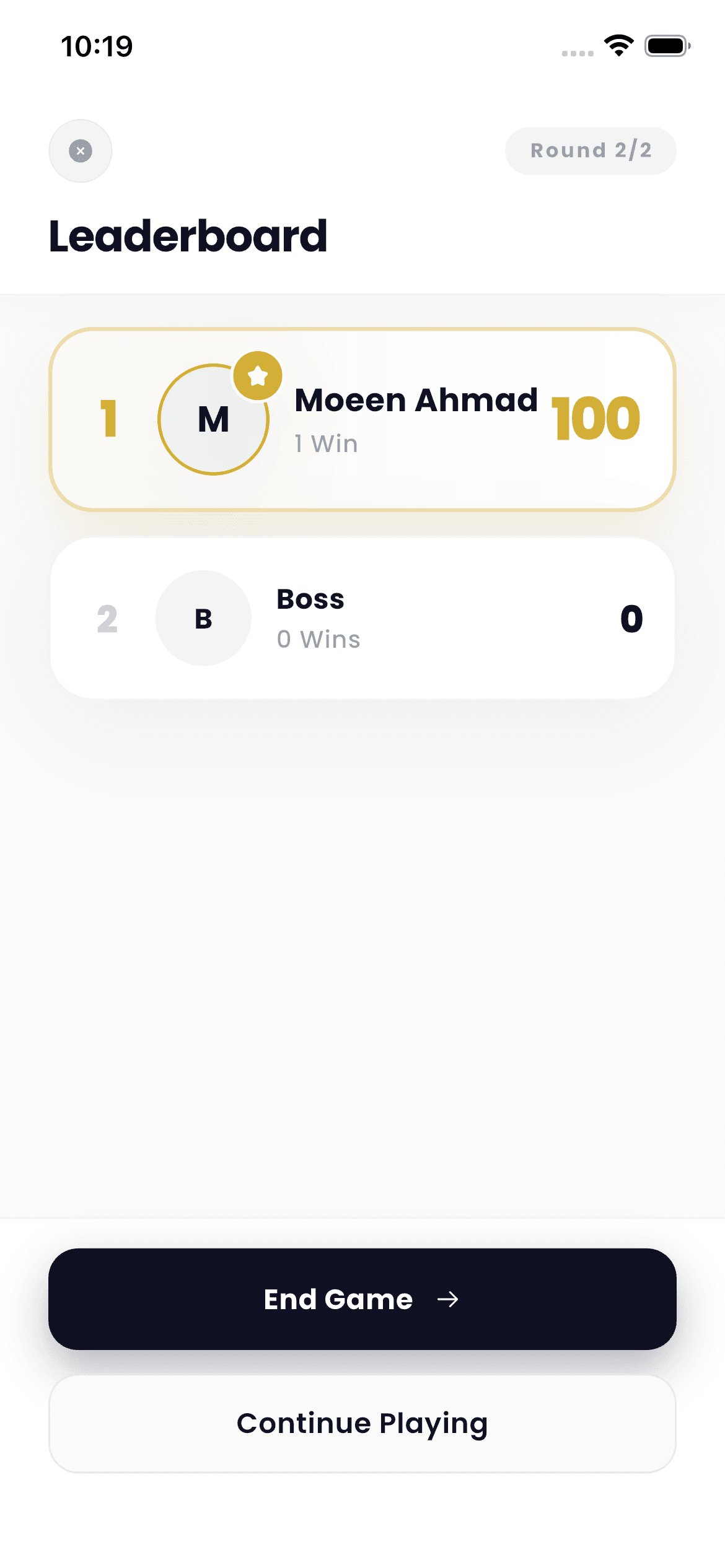 The game leaderboard