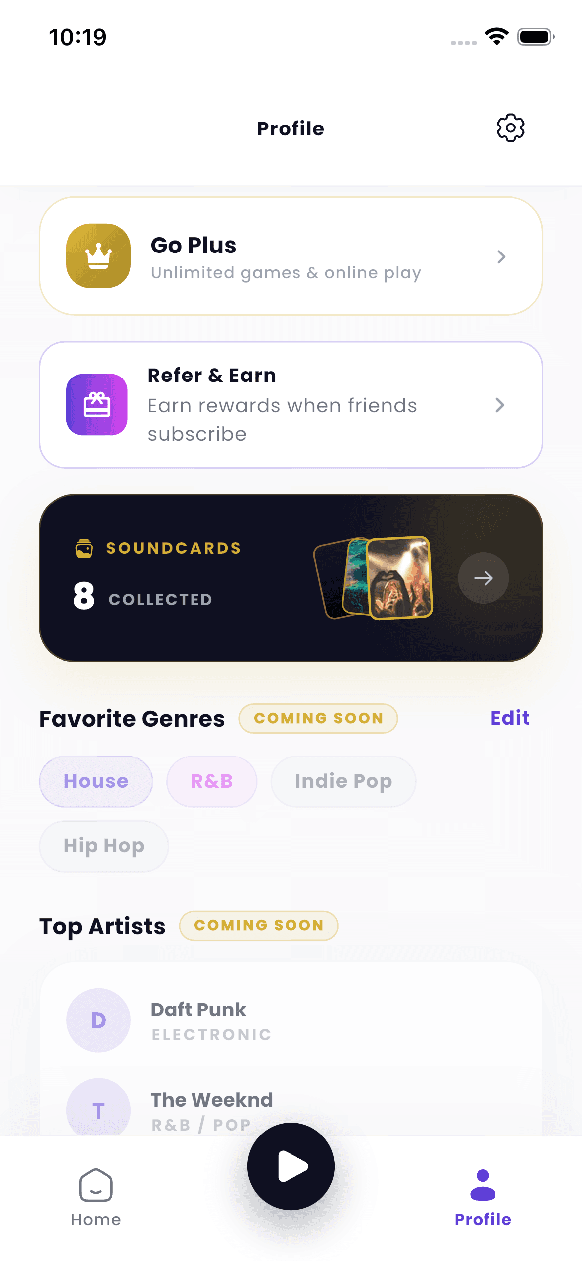 A player profile with collected cards and favourite genres