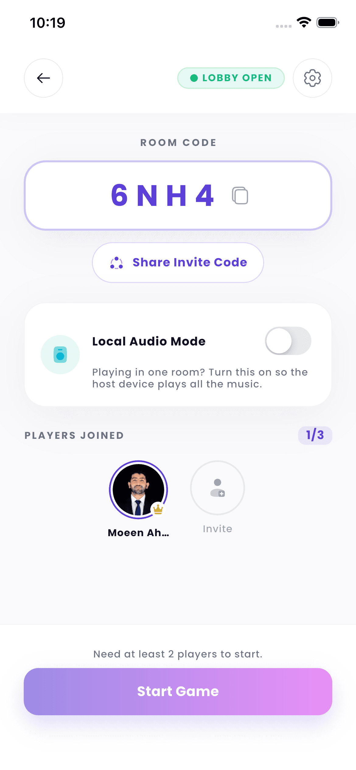 A private room lobby with a shareable invite code